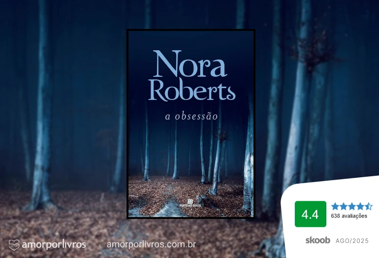 Capa do livro A Obsessão. A direita, avaliação de 4.4 do Skoob com 638 avaliações.