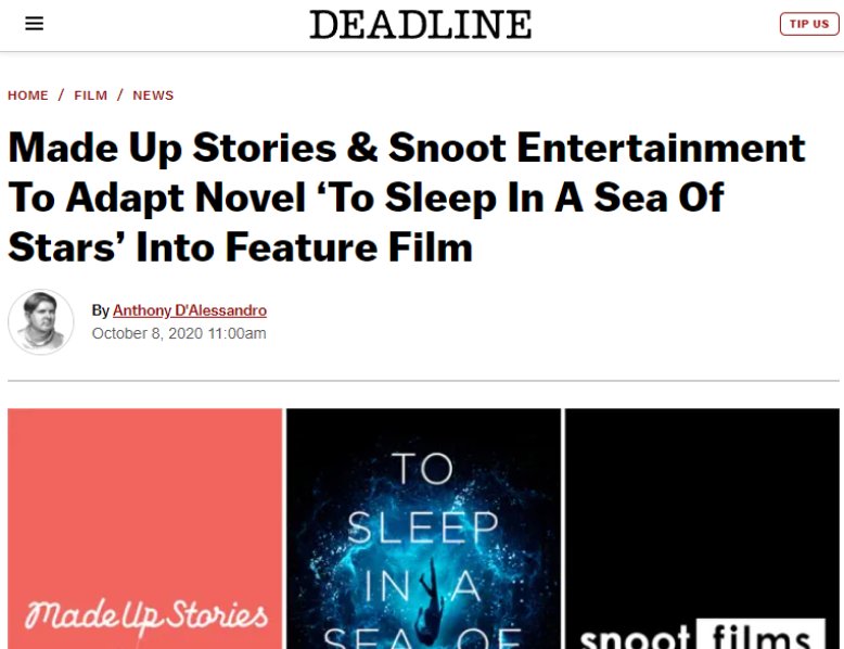Notícia do canal Deadline sobre a adaptação de Dormir em um mar de estrelas