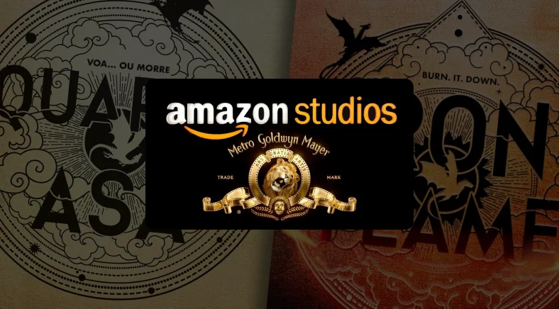 Livros Quarta Asa e a logo da Amazon Studios e da MGM