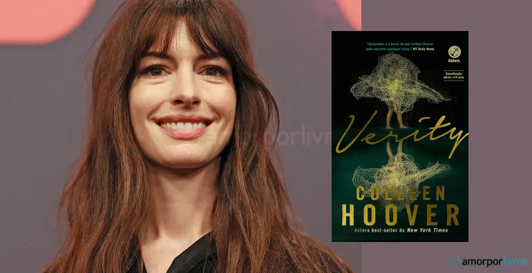 Foto da atriz Anne Halfaway ao lado do livro Verity