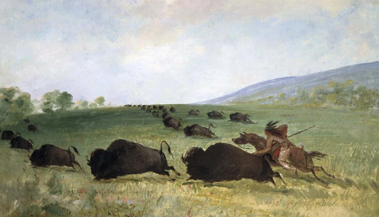 Obra de arte de George Catlin: um indígena do povo Osake laçando um bisão