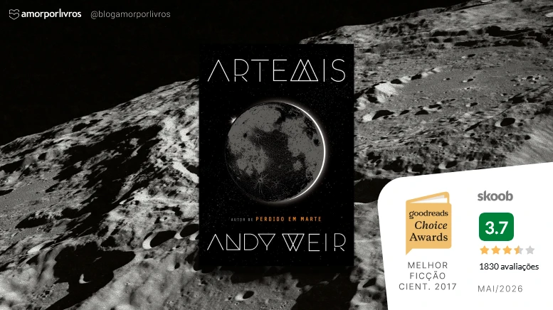 Livro Artemis com foto da lua de fundo, e nota 3,7 do skoob