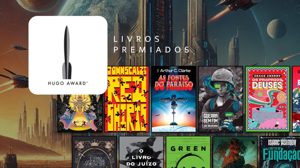 Prêmio Hugo: o que é e quais foram os ganhadores? Logo do Hugo Award com alguns livros premiados
