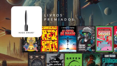 Prêmio Hugo: o que é e quais foram os ganhadores? Logo do Hugo Award com alguns livros premiados