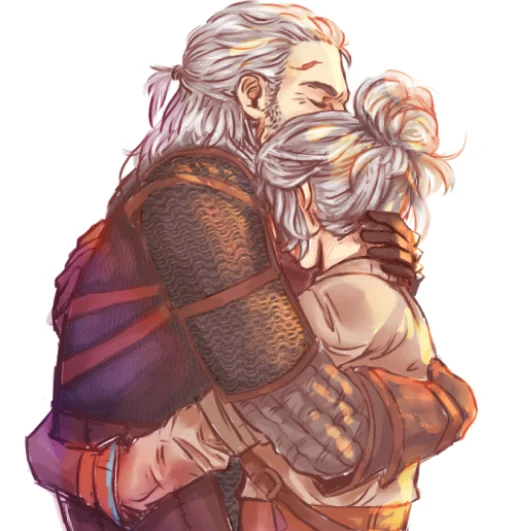 Ilustração de Geralt e Ciri se abraçando