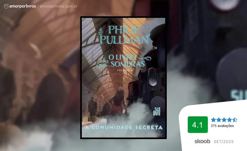 Capa do livro A Comunidade Secreta, de Philip Pullman, com marcação da avaliação nota 4,1 do Skoob em setembro de 2025