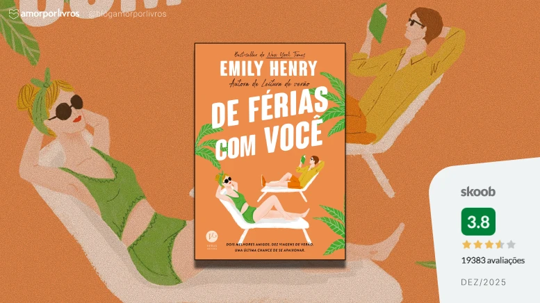 Fundo ilustrado com pessoas relaxando em espreguiçadeiras; ao centro, o livro De Férias com Você e, ao lado, uma caixa com nota 3.8 no Skoob.