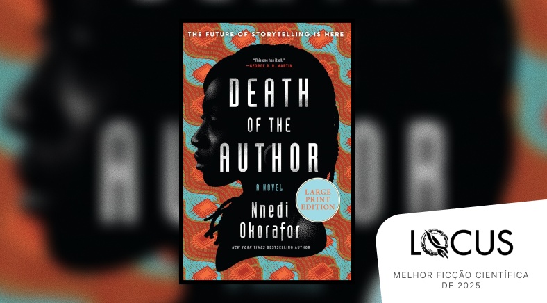 Capa do livro Death of the Author com os dizeres melhor ficção científica de 2025 e a logo do Locus Awards