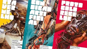 Capa dos livros em português da série Diários de um robô-assassino, Alerta Vermelho, Condição Artificial e Protocolo Fantasma