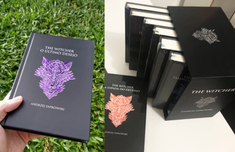 Box com livros em edição capa dura de The Witcher