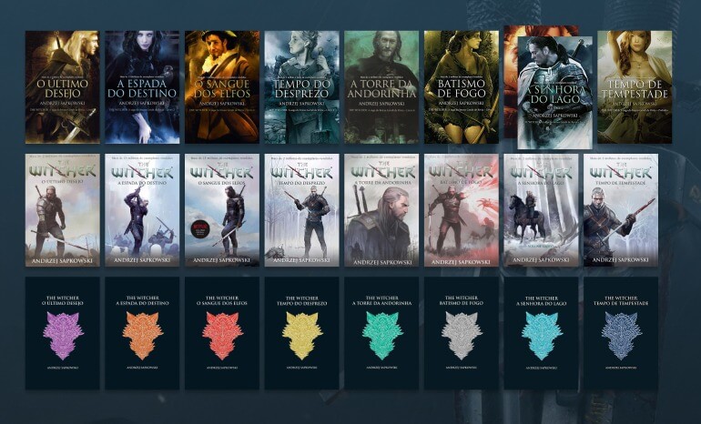 Diferentes edições dos livros de The Witcher no Brasil