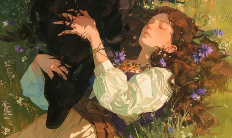Ilustração de uma mulher deitada na relva com um cachorro preto