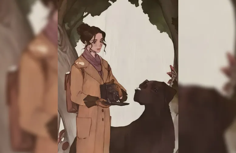 Fanart da personagem Emily Wilde e seu cachorro