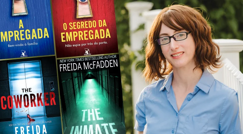 Foto da autora Freida McFadden com alguns dos seus livros