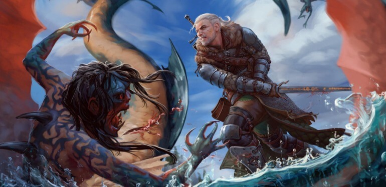 Ilustração de Geralt no mar lutando com um monstro marinho
