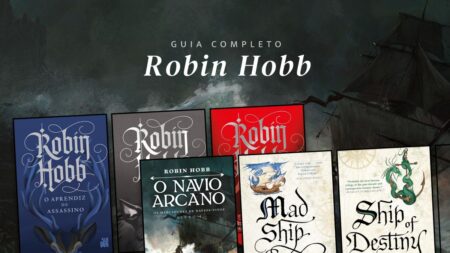 Escrito "Guia completo Robin Hobb" com capas dos livros da autora