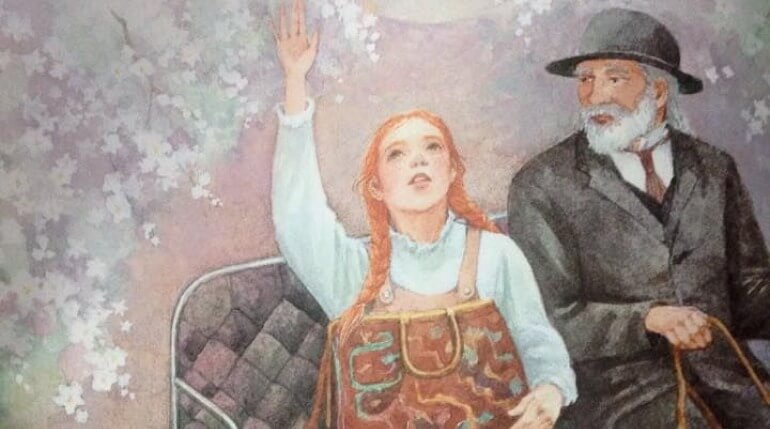 Ilustração de cena de Anne e Matthew, quando passa pela estrada até Green Gables