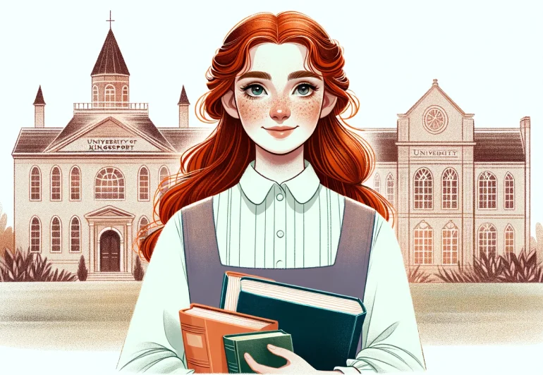 Ilustração de Anne segurando um livro em frente a universidade