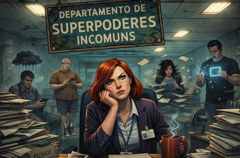 Ilustração em estilo quadrinhos de um escritório público decadente com placa “Departamento de Superpoderes Incomuns”, onde uma funcionária frustrada trabalha cercada por pilhas de processos enquanto pessoas ao redor exibem superpoderes inúteis, como levitar poucos centímetros, fazer vento fraco e objetos vibrando.