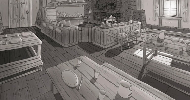 Ilustração do interior de uma taverna