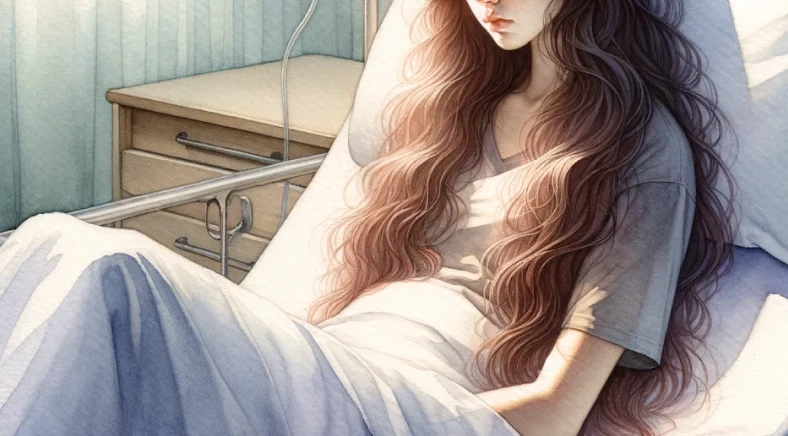 Ilustração de uma garota em uma cama de hospital