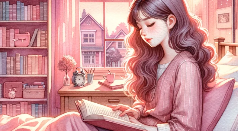 Ilustração de uma garota lendo um livro no colo