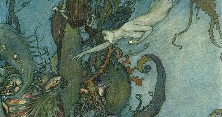 Ilustração da visita da pequena sereia a bruxa má por Edmund Dulac