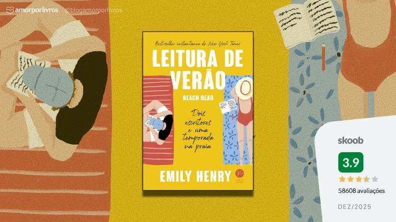 Fundo ilustrado com leitores deitados em toalhas de praia; ao centro, o livro Leitura de Verão e, ao lado, uma caixa com nota 3.9 de 58608 avaliações no Skoob.