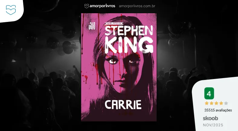 Capa do livro Carrie, de Stephen King, no fundo com uma foto de festa de formatura com globos