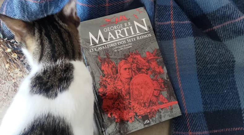 Foto do livro O Cavaleiro dos Sete Reinos com um gato pintado a esquerda