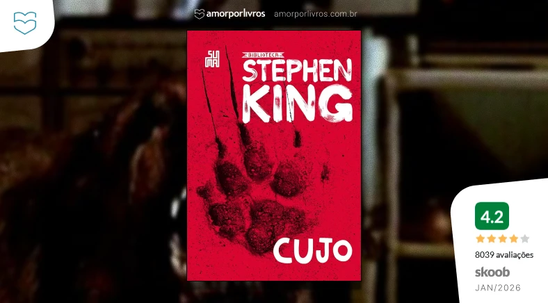 Livro Cujo de Stephen King com fundo de cena do filme e nota 4.2 do Skoob