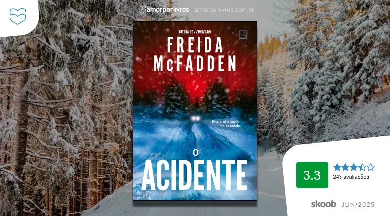 Fundo com uma estrada com árvores e neve e capa do livro O Acidente, de Freida McFadden
