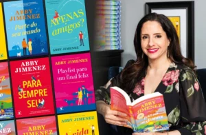 Qual a sequência dos livros de Abby Jimenez? Guia de leitura 2026 Foto de Abby Jimenez ao lado de seus livros em português