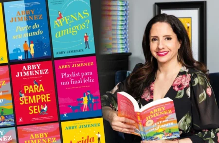 Qual a sequência dos livros de Abby Jimenez? Guia de leitura 2026 Foto de Abby Jimenez ao lado de seus livros em português
