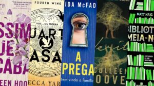 Capas parciais dos livros best-sellers de 2025: É assim que acaba, Quarta Asa, A empregada, Verity e Biblioteca da meia-noite