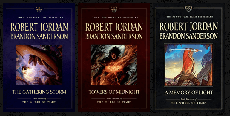 Capa dos livros The Gathering Storm, Towers of Midnight e A Memory of Light, escritos por Jordan e Sanderson