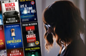 Foto de perfil da autora Freida McFadden a direita com seus livros a esquerda