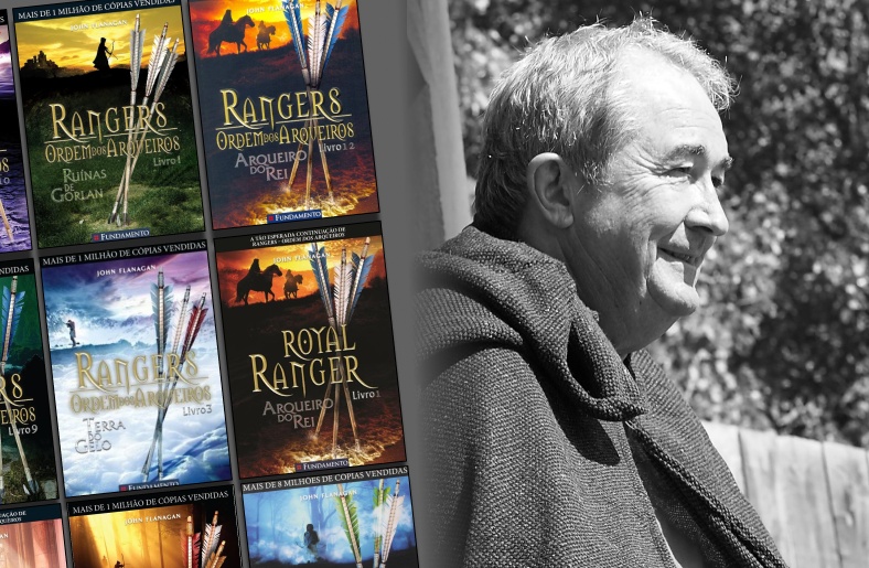 Qual a sequência dos livros de John Flanagan? Guia Rangers 2026 Foto em preto e branco do autor John Flanagan e a direita alguns dos seus livros