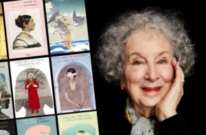 Qual a sequência dos livros de Margaret Atwood? Margaret Atwood ao lado de alguns dos seus livros