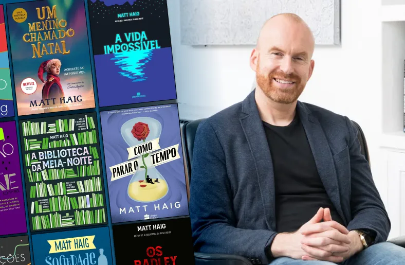 Qual a sequência dos livros de Matt Haig, o autor de A Biblioteca da Meia-Noite? Foto de Matt Haig a direta e capas dos seus livros a esquerda