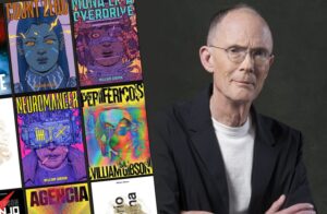 Guia de leitura: todos os livros de William Gibson Foto de William Gibson a direita e seus livros a esquerda, como Periféricos e Neuromancer