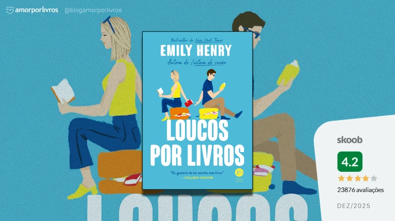 Fundo ilustrado com duas pessoas lendo sentadas de costas uma para a outra; ao centro, o livro Loucos por Livros e, ao lado, uma caixa com nota 4.2 no Skoob.