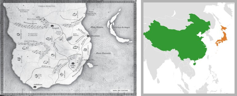 Comparação entre o mapa de A Guerra da Papoula e o mapa mundial com destaque para China e Japão