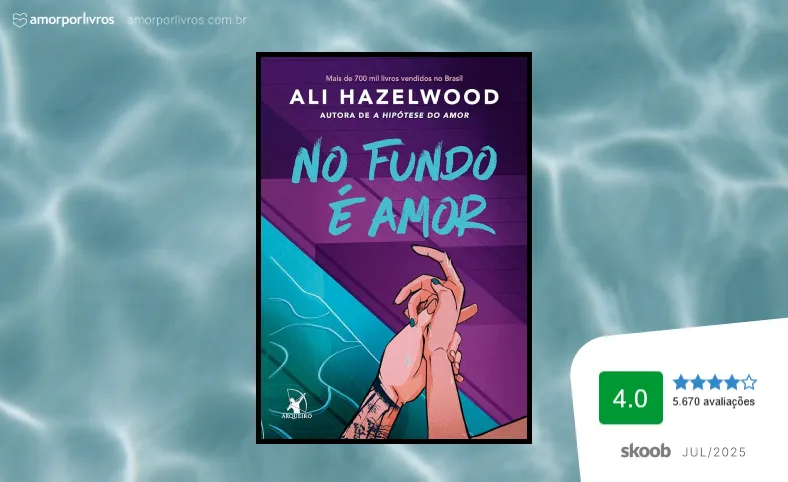 Capa do livro No fundo é amor com uma piscina ao fundo e a avaliação 4.0 na lateral direita