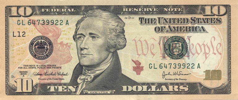 Nota de 10 dólares com o rosto de Alexander Hamilton
