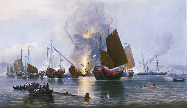 Juncos chineses sob bombardeio britânico durante a Guerra do Ópio