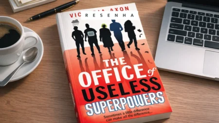 Opinião: The Office of Useless Superpowers, de Victoria Axon Livro The office of useless superpowers em cima de uma mesa de escritório