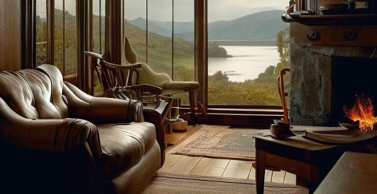 Sala em um lugar isolado na Escócia com uma lareira, vista para o lago e um livro.