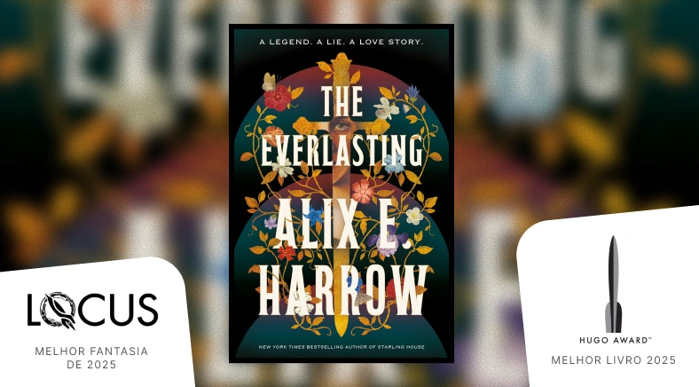 Livro The Everlasting com a logo do Hugo e do Locus awards