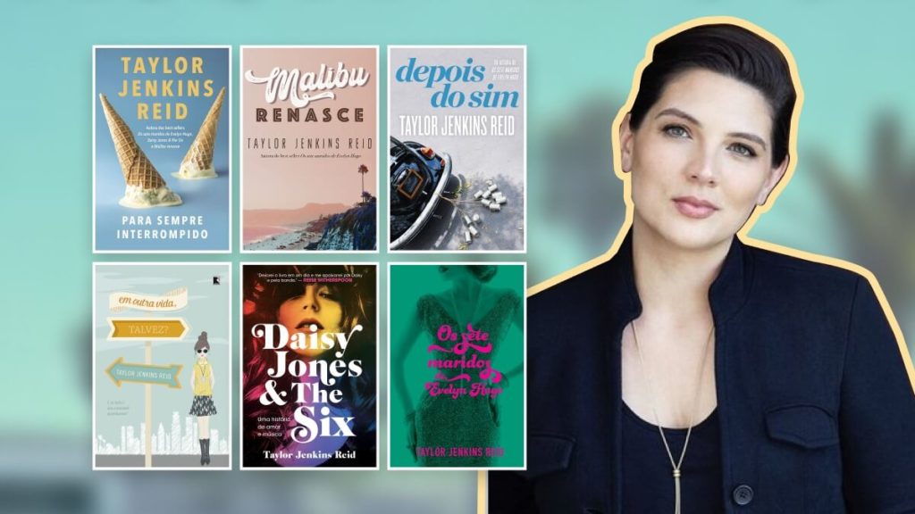 Taylor Jenkins Reid ao lado de 6 dos seus livros